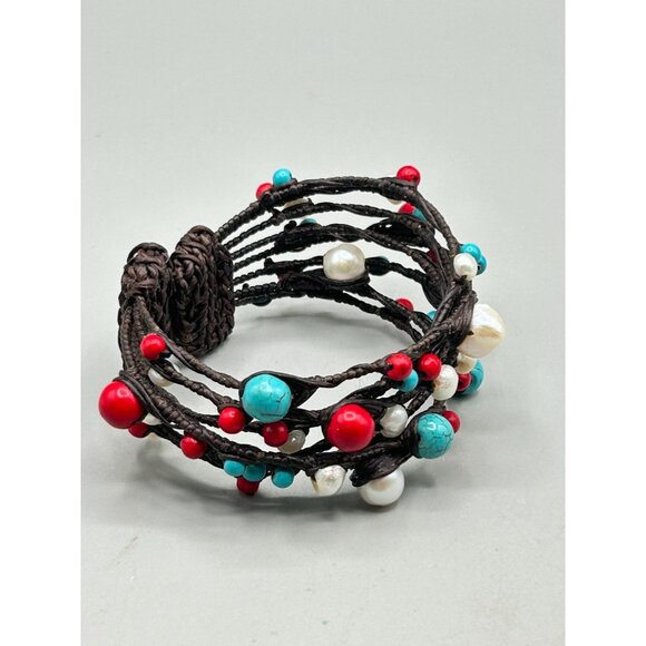 Beaded Wire Cuff Bracelet Genuine Pearls Red & Turquoise Color Beads Multilayer - Picture 3 of 7